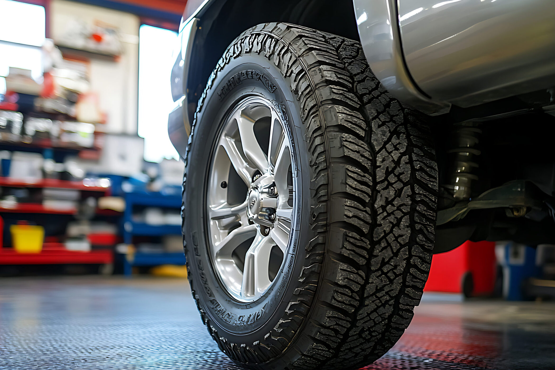 Close-up of a car tire with detailed tread pattern in a garage, surrounded by shelves and tools.